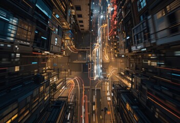 Vista superior de calles estrechas de la ciudad con rayas de faros y luces traseras que crean estelas de luz urbanas abstractas