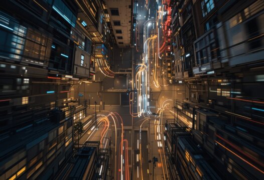 Vista superior de calles estrechas de la ciudad con rayas de faros y luces traseras que crean estelas de luz urbanas abstractas
