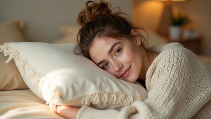 Mujer joven abrazando una almohada suave, vistiendo un suéter de punto