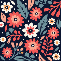 Abstract hand-drawn seamless floral pattern, Vector Botanical elements with bold colors and playful shapes.