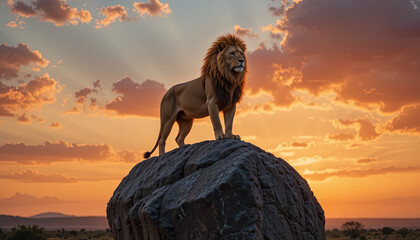 A strong lion confidently poses on a large rock, silhouetted against a stunning sunset, with colorful clouds illuminating the sky. The scene captures the essence of nature's beauty