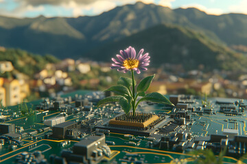 Flower growing from a circuit board. Nature and technology integration concept for sustainable innovation.