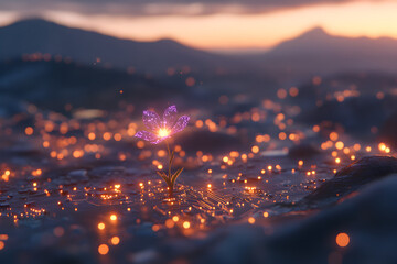 Glowing flower growing from circuit board. Digital ecosystem and innovation concept. Future technology and natural growth.