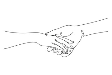 Minimalist continuous line drawing of two hands gently holding each other in a gesture of support and connection