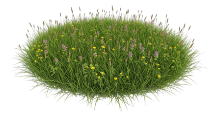A vibrant patch of green grass dotted with wildflowers creates a scene of natural beauty and charm.