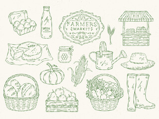 Line art vector set for a farmers market: vegetables, fruits, eggs, milk, bread, farmer’s tent, boots, hat, watering can, and other farm accessories in a minimal, monochrome outline style