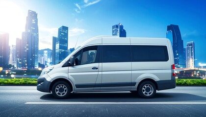 Fototapeta premium White Passenger Van Driving in Urban Cityscape.