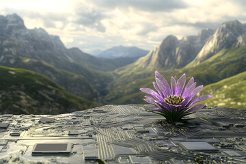 Purple flower growing from circuit board. Nature and technology. Synthetic biology concept. Digital ecology.