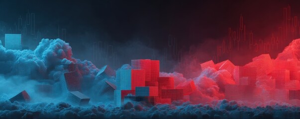 Abstract red and blue wireframe structures with misty atmospheric gradient