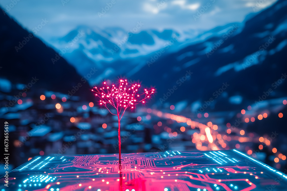 Poster digital tree with glowing pink leaves growing from circuit board. technology innovation background w