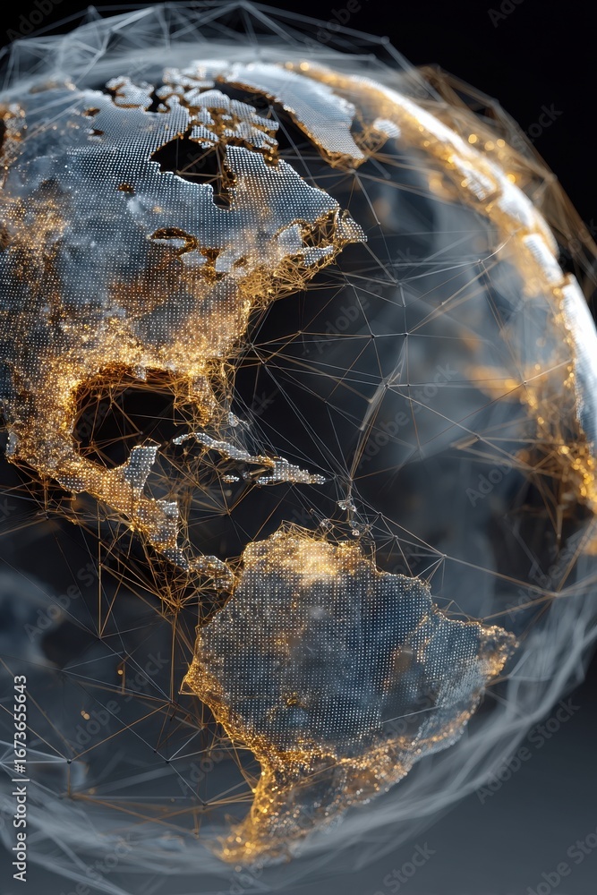 Poster stylized view of a digital globe with network connections across continents