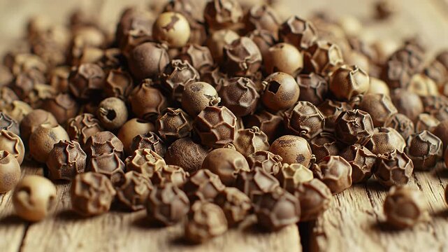Detailed Close Up of Black Peppercorns Pile on Rustic Wood Grain Surface with Warm Lighting and Intricate Textures of Dried Spice Used as a Flavor Enhancer and Culinary Ingredient More than 170