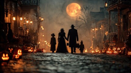 Family in costume walking at night for Halloween