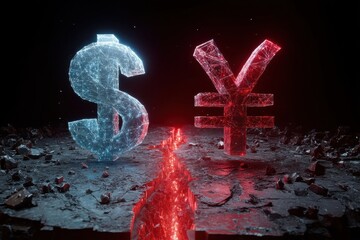 Digital representations of dollar and yen symbols on cracked ground