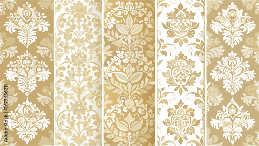 Poster set of luxurious golden seamless patterns featuring various ornate designs suitable for backgrounds 