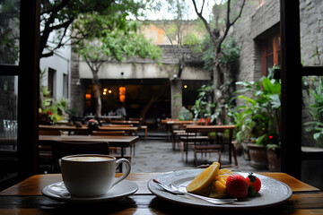 Coffee cup and fruit plate on a wooden table. View from cafe interior to beautiful open air courtyard garden. Food and drink concept.