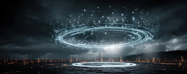 Futuristic holographic interface glowing against a moody digital cityscape sky