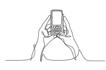 Minimalist continuous line drawing of hands holding an old fashioned mobile phone with a keypad and screen against a white background