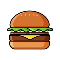 Cartoon Burger with Lettuce, Tomato, Cheese, and Beef Patty