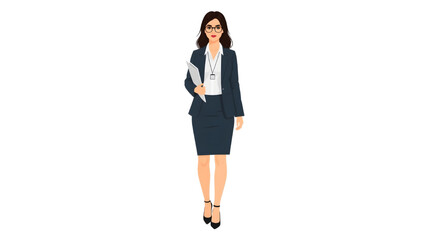 Illustration of a professional businesswoman in formal office attire holding documents, representing confidence, leadership, and professionalism.