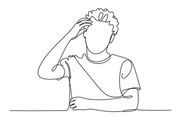 Line art illustration of a young person scratching their head in confusion or deep thought with a simple t shirt and short hair