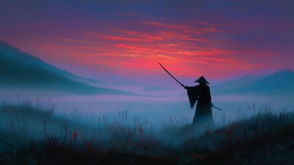 A lone warrior with a sword admires a vibrant sunset over misty hills, creating enchantment.