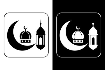 Ramadan & Eid Icons – Crescent Moon, Mosque, Lantern on Black and White Background.