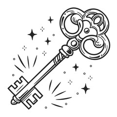 Vector art of antique ornate key with sparkles