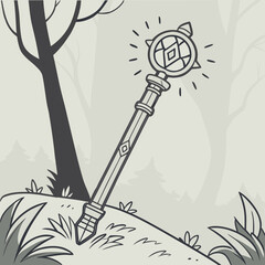 Vector art of enchanted glowing staff in mystical forest landscape