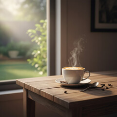 Latte with Steam on Rustic Table by Window