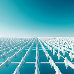 Naklejka premium Abstract 3D Render of White Geometric Grid Structures Under Teal Sky, Modern Architecture Pattern Background