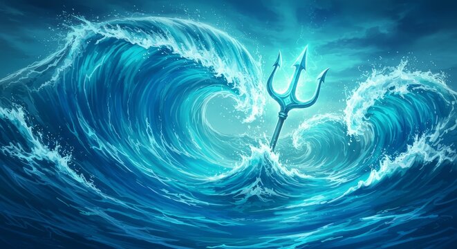 Dynamic ocean wave illustration featuring a trident piercing through the water