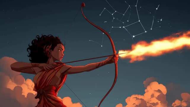 Dynamic archer woman with flaming arrow symbolizing Sagittarius zodiac sign and fire energy.