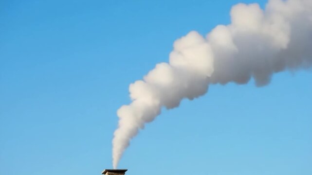 Smoke rising from a building's chimney against a clear blue sky