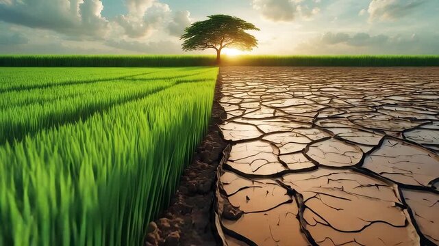 Contrast Between Lush Green Field and Drought-Stricken Land with a Single Tree at Sunset