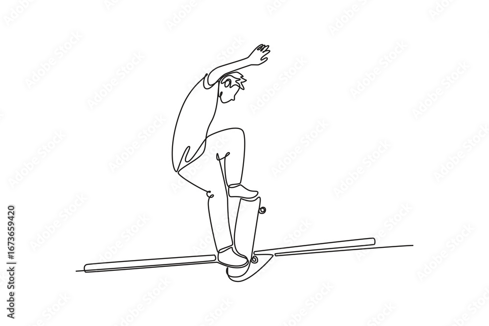 Poster continuous one line drawing back view man performing rail grind on a metal rail. technical skill, ba