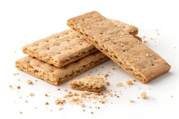 Stack of delicious graham crackers with crumbs on a white surface close up view