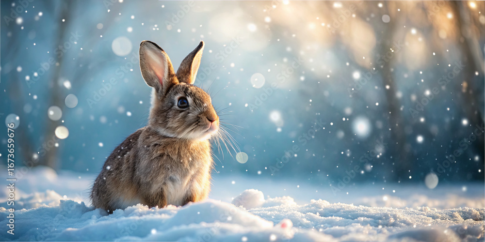 Poster a small rabbit is nestled in freshly fallen snow while soft snowflakes drift down from above. the so