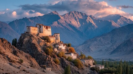 Mystical Tibetan architecture nestled in the majestic Ladakh mountain range
