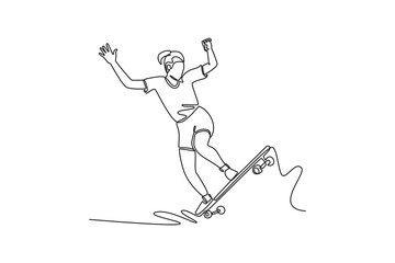 Single one line drawing young female celebrating, representing the skill, agility, and urban lifestyle of a skateboarder landing a trick. Modern continuous line draw design graphic vector illustration