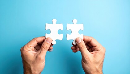 Two White Puzzle Pieces Held By Hands On Blue Background
