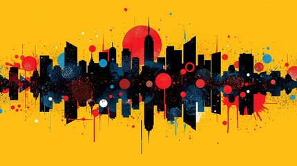 A bold and dynamic abstract digital artwork depicting a city skyline with splashes of color and circular patterns on a vibrant yellow background.
