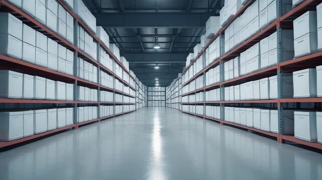 Endless Aisle of White Storage Boxes in a Modern Warehouse, Clean and Organized Environment
