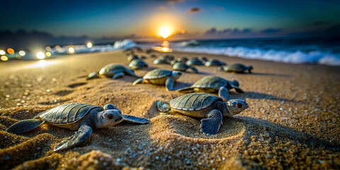 Baby sea turtles emerge from their nests and crawl towards the shimmering ocean as the sun sets, casting a golden glow over the beach. Their journey symbolizes hope and survival