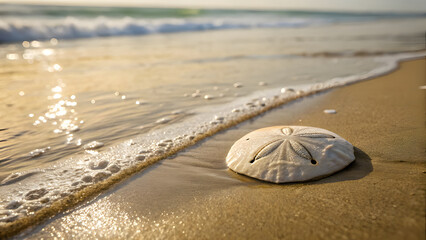 Sand dollar on a wet sandy beach with ocean waves image