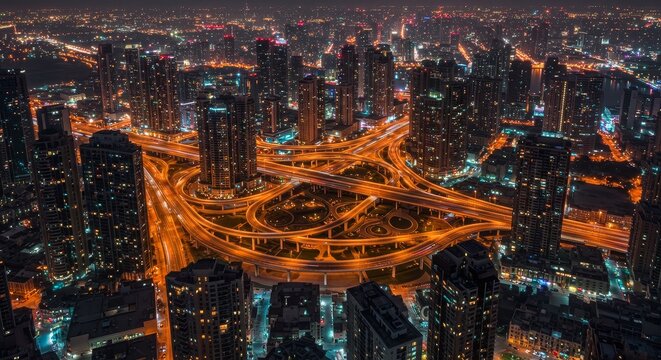 Spectacular nighttime aerial view showcases a bustling metropolis skyline