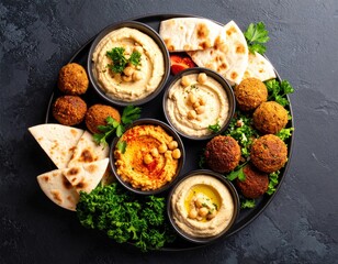Assortment Of Hummus And Falafel On Platter