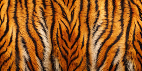 Fototapeta premium The striking details of a tiger's fur reveal a pattern of rich orange and deep black stripes. Sunlight enhances the texture, highlighting the beauty of this magnificent creature