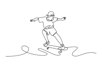 Single one line drawing energetic young male mid-turn on a skateboard. Embodying a thrilling hobby, athletic skill, and motion of sports. Modern continuous line draw design graphic vector illustration