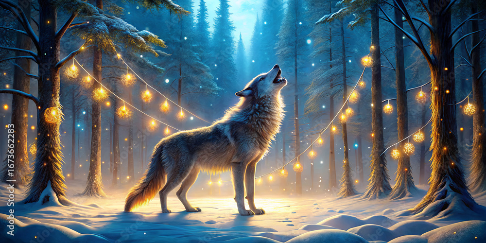 Poster A wolf stands in a snowy forest, howling towards the sky. Surrounding trees are adorned with sparkling lights, creating a magical atmosphere as dusk sets in